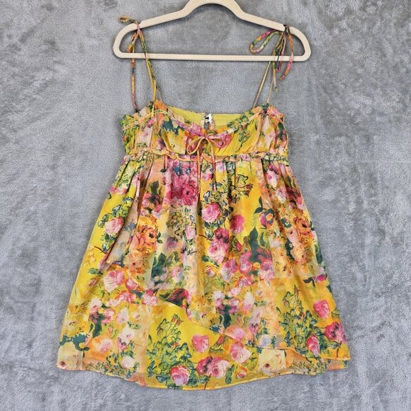 For Love Bell Dress Womens Small Yellow Floral Tie Shoulder Ruffle Babydoll Mini - Picture 1 of 10